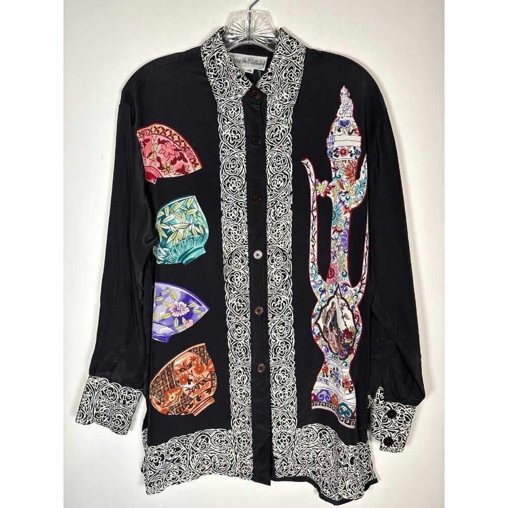 Vintage Diane Von‎ Furstenberg Silk Asian Chinoiserie Teacup Button-Up Top XS